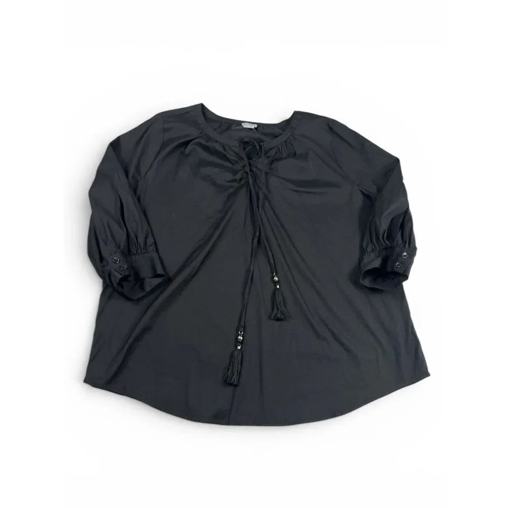 Chicos Peasant Shirt Black 3/4 Sleeve Tasseled Relaxed Fit Work Casual Top 2 L